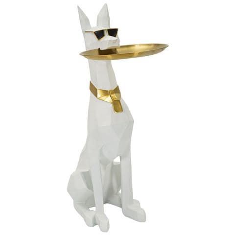 Scultura Cane Ory Svuotatasche Grande Low-poly In Resina Bianca E Oro - Foto 1