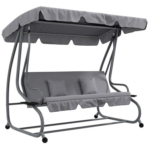 Dondolo Letto Da Giardino Con Tettuccio Regolabile E Vassoi, In Acciaio E Poliestere, 200x120x164 Cm, Grigio - Foto 1