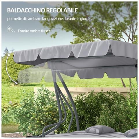 Dondolo Letto Da Giardino Con Tettuccio Regolabile E Vassoi, In Acciaio E Poliestere, 200x120x164 Cm, Grigio - Foto 6