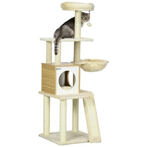 Albero Per Gatti Con Casetta, Tiragraffi Per Gatti, Posatoio E Paletto, 48.5x48.5x141.5 Cm, Beige - Foto 1