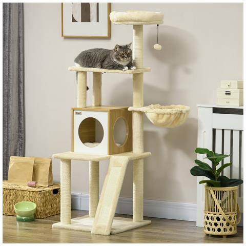 Albero Per Gatti Con Casetta, Tiragraffi Per Gatti, Posatoio E Paletto, 48.5x48.5x141.5 Cm, Beige - Foto 2