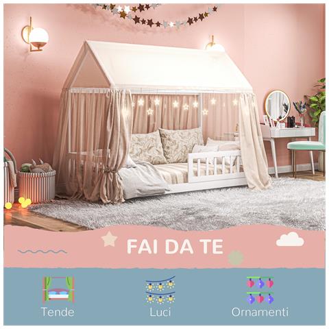 Struttura Letto per Bambini a Forma di Casetta con Doghe e Recinzione, in Legno di Pino, 96x195x165 cm, Bianco - Foto 2