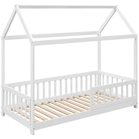 Struttura Letto per Bambini a Forma di Casetta con Doghe e Recinzione, in Legno di Pino, 96x195x165 cm, Bianco - Foto 1