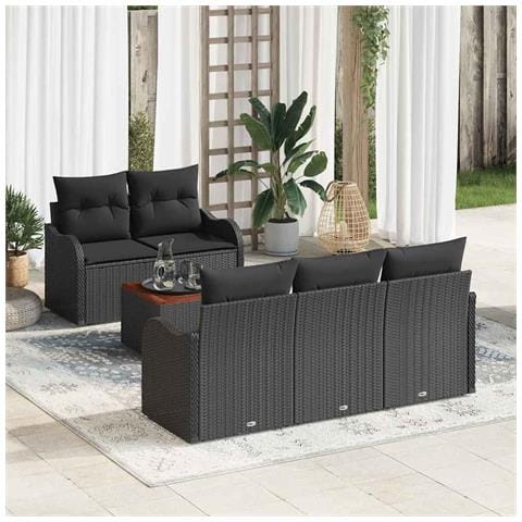 Set di divani da giardino 6 pezzi con cuscini neri in polyrattan acacia, Divano da giardino a 2 posti con storage e cuscini neri in polyrattan - Foto 2