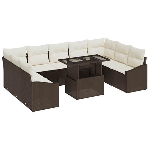 Set di divani da giardino da 10 pezzi con cuscini in rattan poli marrone - Foto 1