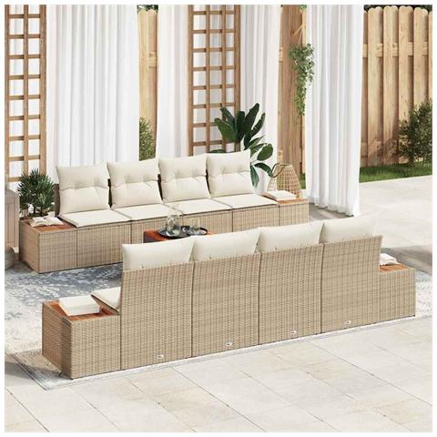 Set di divano da giardino con cuscini beige polyrattan acacia da 9 pezzi - Foto 2