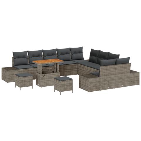 Set Divano da Giardino di 13 pezzi con Cuscini Grigio Rattan Poliestere Acacia, Divano da Giardino 2 posti con Cuscini Grigio Rattan Poliestere, Set da Pranzo da Giardino di 3 pezzi con Cuscini Grigio Rattan Poliestere Acacia - Foto 1