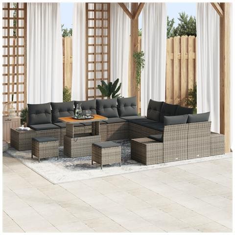 Set Divano da Giardino di 13 pezzi con Cuscini Grigio Rattan Poliestere Acacia, Divano da Giardino 2 posti con Cuscini Grigio Rattan Poliestere, Set da Pranzo da Giardino di 3 pezzi con Cuscini Grigio Rattan Poliestere Acacia - Foto 2
