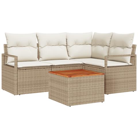 Set Divano da Giardino 5 Pezzi con Cuscini Beige in Rattan Sintetico e Acacia, Divano da Giardino 2 Posti con Cuscini Beige in Rattan Sintetico - Foto 1
