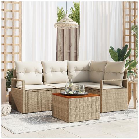Set Divano da Giardino 5 Pezzi con Cuscini Beige in Rattan Sintetico e Acacia, Divano da Giardino 2 Posti con Cuscini Beige in Rattan Sintetico - Foto 2