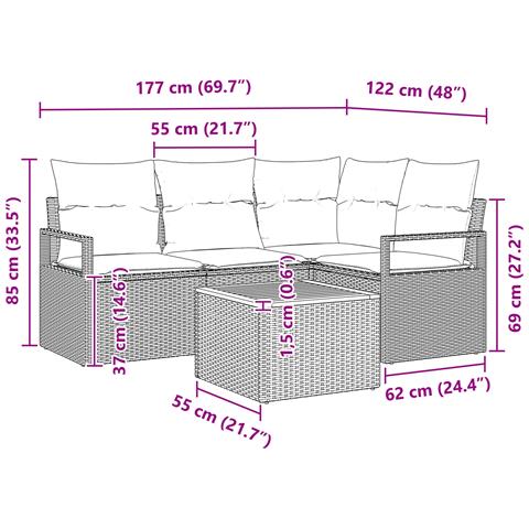 Set Divano da Giardino 5 Pezzi con Cuscini Beige in Rattan Sintetico e Acacia, Divano da Giardino 2 Posti con Cuscini Beige in Rattan Sintetico - Foto 9