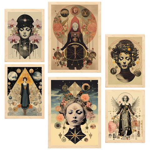 Set Di 6 Stampe Dipinto Decorativo Surreale Collage Femminile In Mistico Esoterico Incorniciato Con Illustrazioni A3 & A4 Telaio In Legno Chiaro - Foto 1