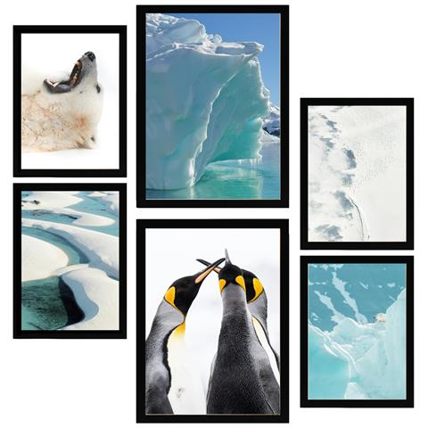 Set Di 6 Stampe Dipinto Decorativo Sul Ghiaccio In Antartide, Orso E Pinguini In Acqua Turchese Incorniciati Con Illustrazioni A3 & A4 Cornice Nera - Foto 1