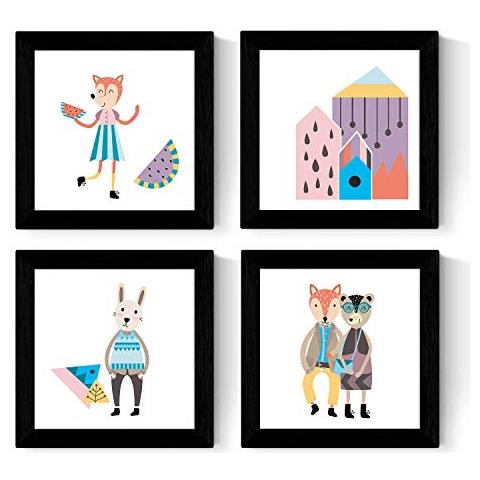 Set Di 4 Stampe Fogli Di Forma Quadrata Con Le Illustrazioni Dei Moderni Animali Scandinavi In Stile Scandinavo Ciudad Cornice Nera 20x20 Cm - Foto 1