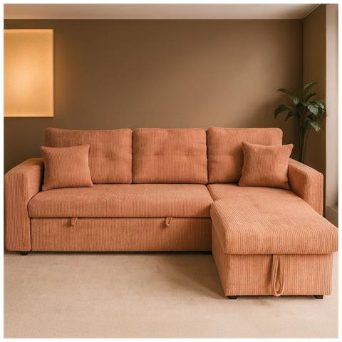 Glasgow Divano Angolare Trasformabile A 4 Posti Con Cassapanca In Velluto A Coste In Terracotta - Foto 5