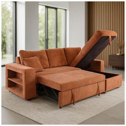 Glasgow Divano Angolare Trasformabile A 4 Posti Con Cassapanca In Velluto A Coste In Terracotta - Foto 1