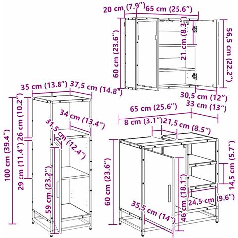 Set di mobili per il bagno 3 pcs Rovere Nero Legno multistrato - Foto 8