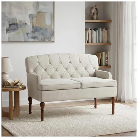 Loveseat con bottoni imbottiti Crema 111 x 65 x 79 cm Velluto - Foto 2