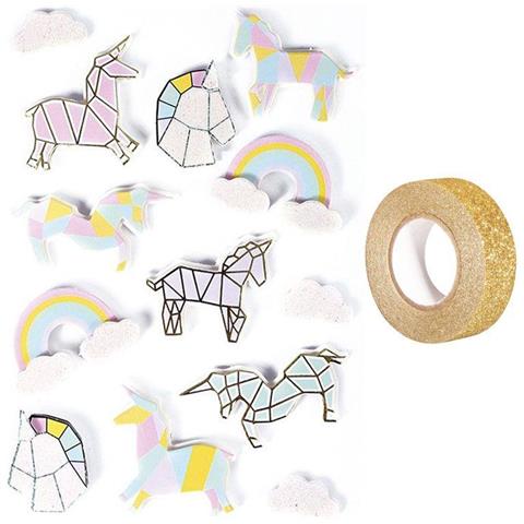 13 Adesivi 3d Unicorni 5 Cm + Washi Tape Dorato 5 M - Foto 2