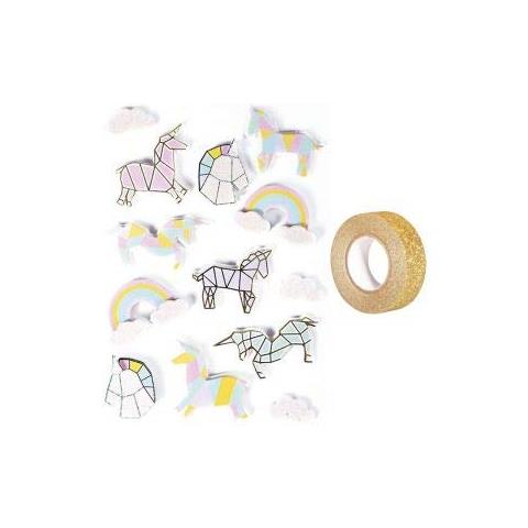 13 Adesivi 3d Unicorni 5 Cm + Washi Tape Dorato 5 M - Foto 1
