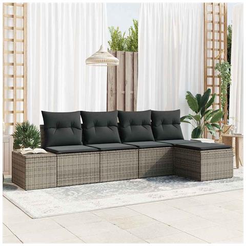 Set Divano da Giardino 5 Pezzi con Cuscini Grigio in Rattan - Foto 2