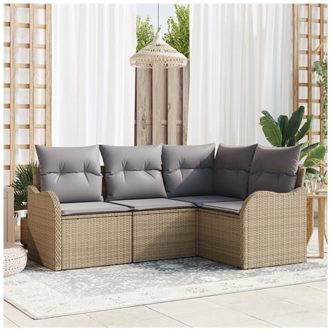 Set di Divani da Giardino a 4 Pezzi con Cuscini in Rattan Polietilene Beige, Divano da Giardino a 2 Posti con Cuscini in Rattan Polietilene Beige - Foto 2