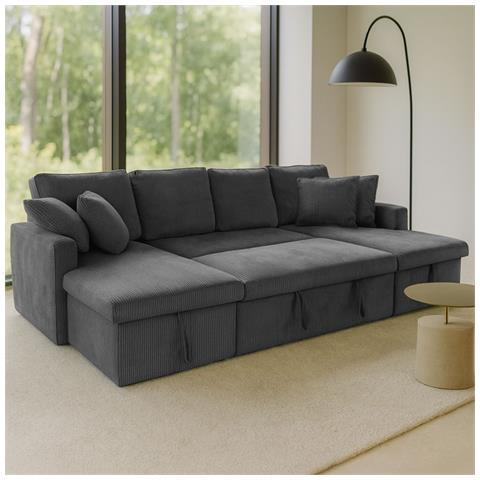 Mahé Divano Panoramico Trasformabile Con Bauli In Velluto A Coste Grigio A 4 Posti - Foto 2