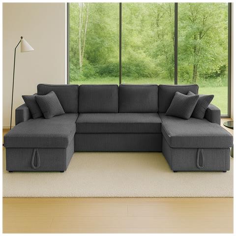 Mahé Divano Panoramico Trasformabile Con Bauli In Velluto A Coste Grigio A 4 Posti - Foto 1