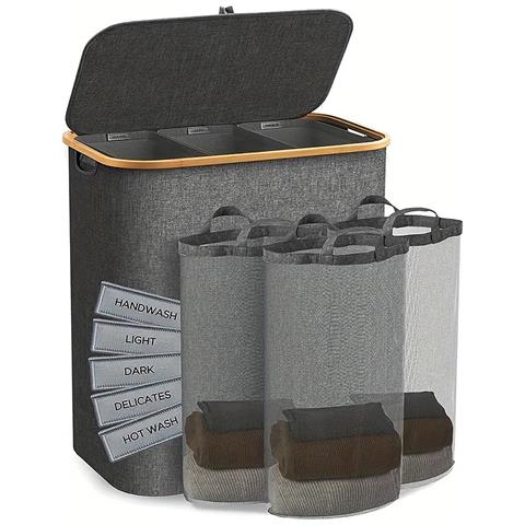 Cesto Portabiancheria Multifunzionale Con 3 Sacchi A Rete E Etichette Di Smistamento - Cesto Pieghevole In Tessuto Oxford Grey - Foto 1
