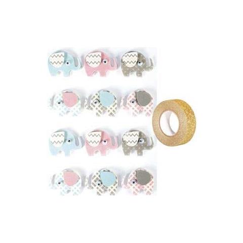 12 Adesivi 3d Elefanti 4,3 Cm + Washi Tape Dorato 5 M - Foto 1
