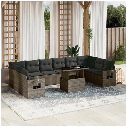 Set Divani Da Giardino 11 Pz Con Cuscini In Polyrattan Grigio - Foto 1