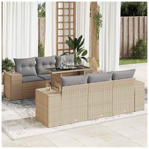 Set Divani Da Giardino 7 Pz Con Cuscini Beige In Polyrattan - Foto 1