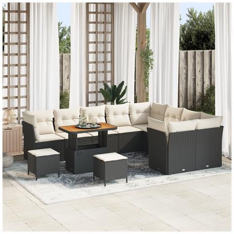 Set di Divani da Giardino  12 Pezzi con Cuscini Nero Polyrattan Acacia, Set di Pranzo da Giardino  3 Pezzi con Cuscini Nero Polyrattan Acacia - Foto 2