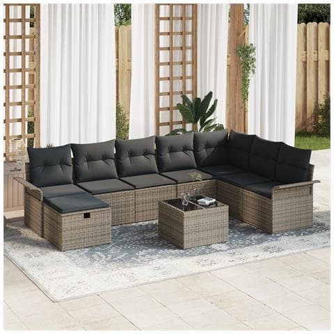 Set Divano da Giardino 9 Pezzi con Cuscini Grigio Rattan Sintetico - Foto 2