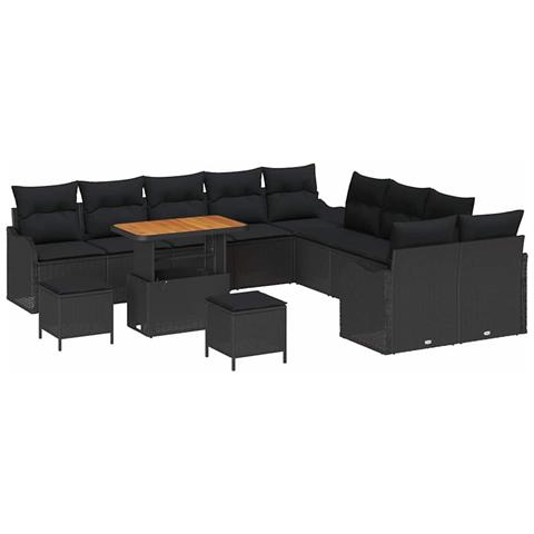 Set Divano da Giardino di 13 Pezzi con Cuscini Nero Polyrattan Acacia, Divano da Giardino a 2 Posti con Storage & Cuscini Nero Polyrattan, Set da Pranzo da Giardino di 3 Pezzi con Cuscini Nero Polyrattan Acacia - Foto 1