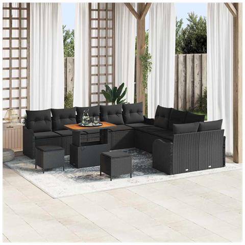 Set Divano da Giardino di 13 Pezzi con Cuscini Nero Polyrattan Acacia, Divano da Giardino a 2 Posti con Storage & Cuscini Nero Polyrattan, Set da Pranzo da Giardino di 3 Pezzi con Cuscini Nero Polyrattan Acacia - Foto 2
