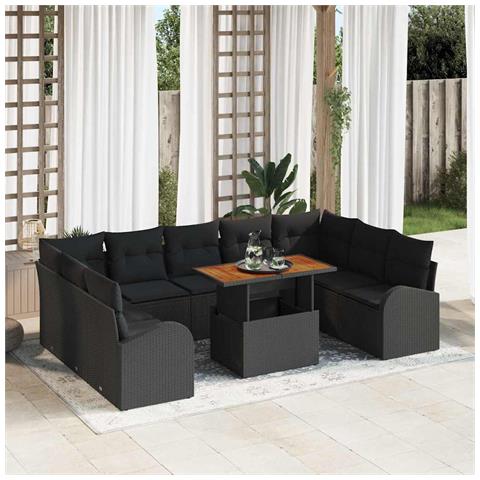 Set Pranzo Giardino 10 Pezzi Cuscini Nero Polyrattan Acacia - Foto 2