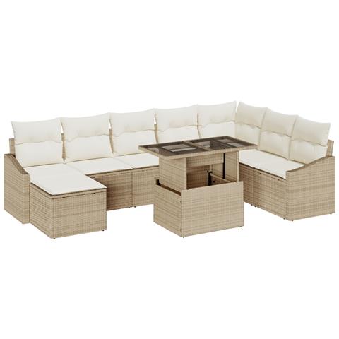 Set da giardino in 9 pezzi con cuscini beige in rattan sintetico - Foto 1