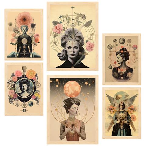 Set Di 6 Stampe Dipinto Decorativo Collage Floreale Surreale In Mistico Esoterico Incorniciato Con Illustrazioni A3 & A4 Telaio In Legno Chiaro - Foto 1