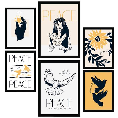 Set Di 6 Stampe Stampe Artistiche Di Pace E Amore Con Inchiostro Nero Raffiguranti Mare E Oceano Per L'interior Design A3 & A4 Senza Cornice - Foto 1