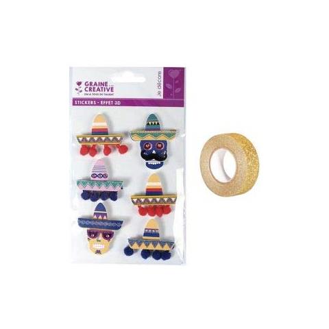6 Adesivi 3d Cappelli Messicani Sombrero 5,5 Cm + Washi Tape Dorato 5 M - Foto 1
