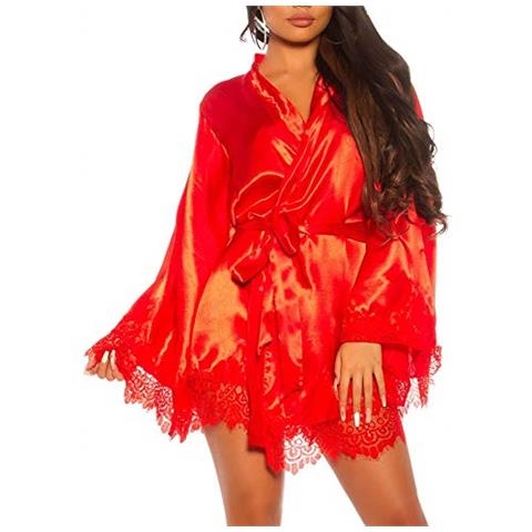 Kimono In Raso Con Pizzo E Cintura. Colore: Rosso Taglia Unica - Foto 1