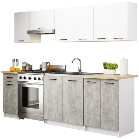 Set Armadi da Cucina OLIWIA, 7 Pezzi, 240x46x203 cm, Colore Bianco e Grigio Cemento - Foto 1