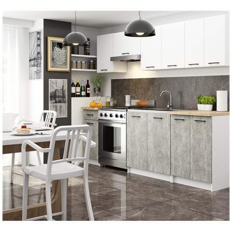 Set Armadi da Cucina OLIWIA, 7 Pezzi, 240x46x203 cm, Colore Bianco e Grigio Cemento - Foto 2
