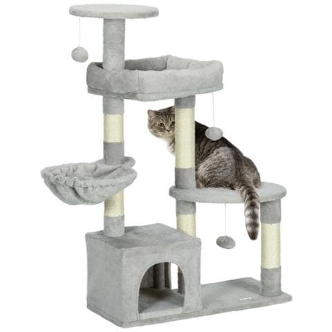 Tiragraffi Per Gatti In Truciolato Con Palo In Sisal, Casetta E Posatoi, 65x30x104 Cm, Grigio Chiaro - Foto 1