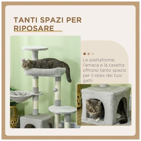Tiragraffi Per Gatti In Truciolato Con Palo In Sisal, Casetta E Posatoi, 65x30x104 Cm, Grigio Chiaro - Foto 2