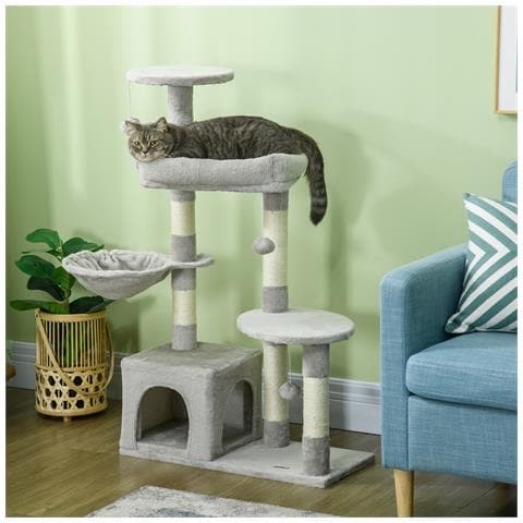 Tiragraffi Per Gatti In Truciolato Con Palo In Sisal, Casetta E Posatoi, 65x30x104 Cm, Grigio Chiaro - Foto 6