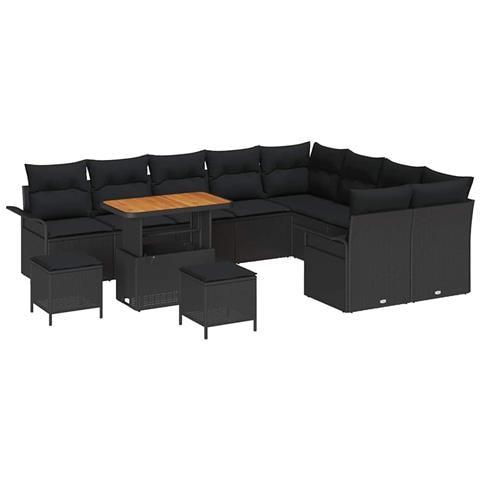 Set di Divani da Giardino  12 Pezzi con Cuscini Nero Rattan PE Acacia, Set da Pranzo da Giardino  3 Pezzi con Cuscini Nero Rattan PE Acacia, Divano da Giardino a Due Posti  con Cuscini Nero Rattan PE - Foto 1
