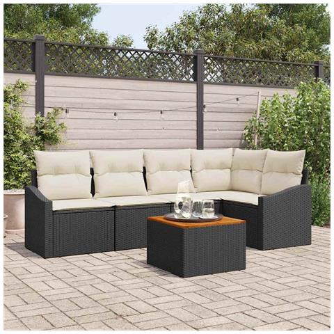 Set di Divani da Giardino 6 Pezzi con Cuscini Nero Polirattan Acacia - Foto 2