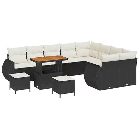 Set di Divano da Giardino con Cuscini da 12 pezzi Nero Polyrattan Acacia, Set da Pranzo da Giardino da 3 pezzi con Cuscini Nero Polyrattan Acacia - Foto 1